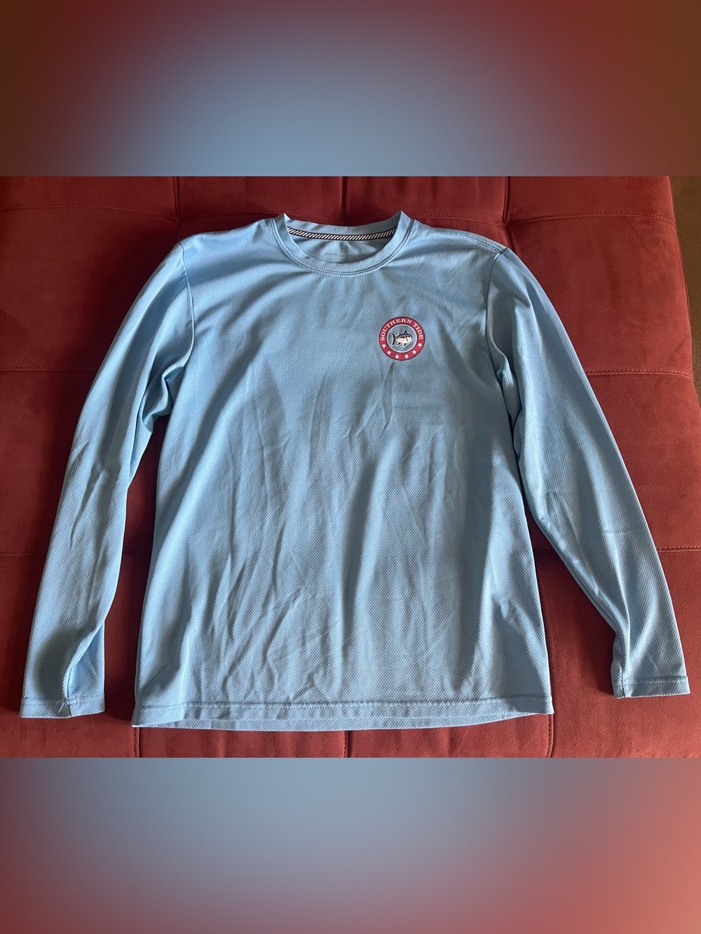 Southern Tide Light Blue Performance Tee with Red, White and Navy Graphic